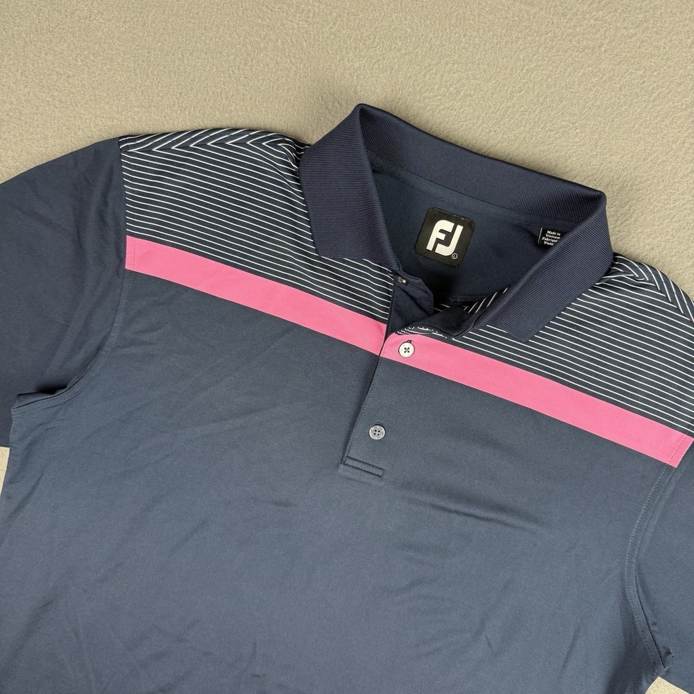 FootJoy Mens Large Gray Pink Striped Performance Stretch Golf Polo Short Sleeve
